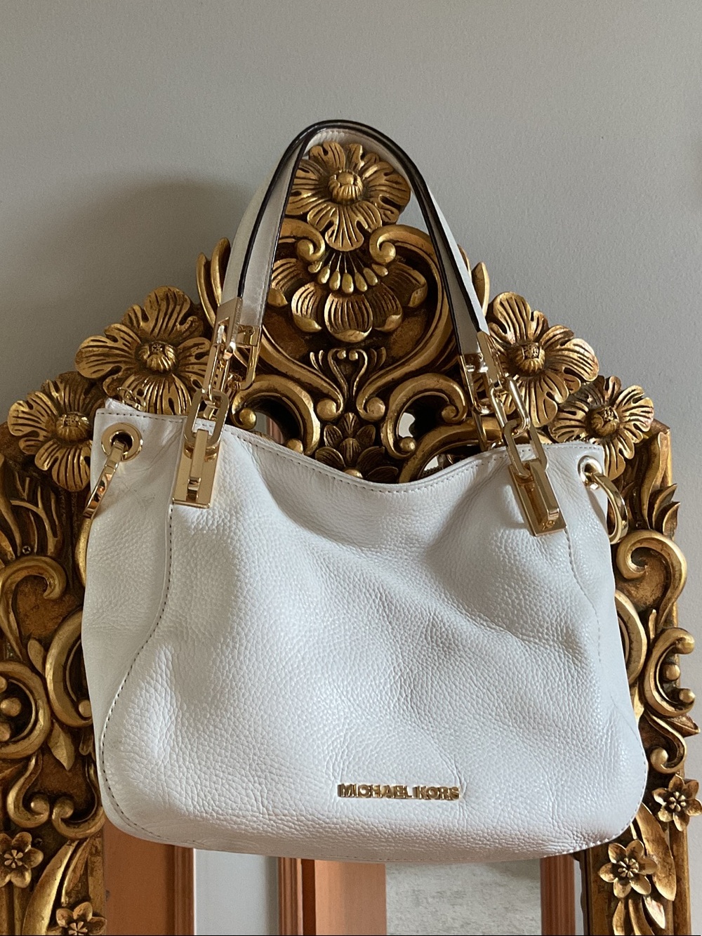 Michael Kors White Pebble Leather Shoulder Tote with Gold Hardware